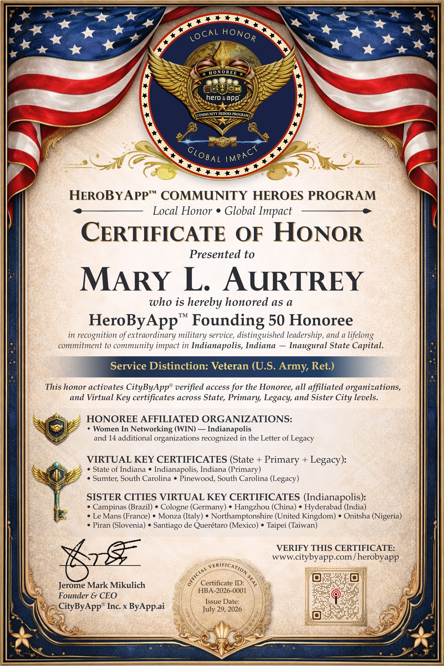 Certificate of Honor, Sgt. Maj. Mary L. Aurtrey · HeroByApp™ Founding 50 · #HBA-2026-IN-01