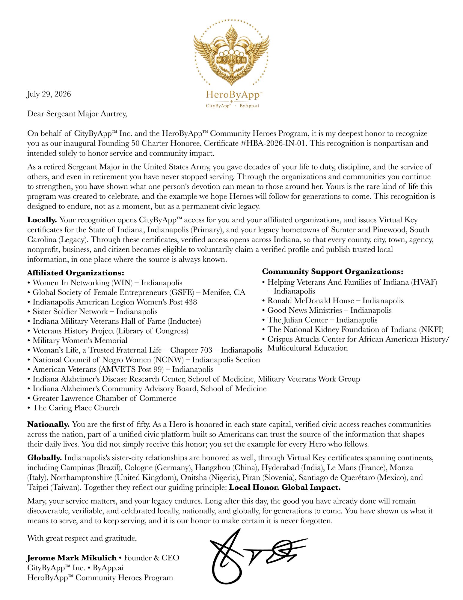 Letter of Honor for Sgt. Maj. Mary L. Aurtrey
